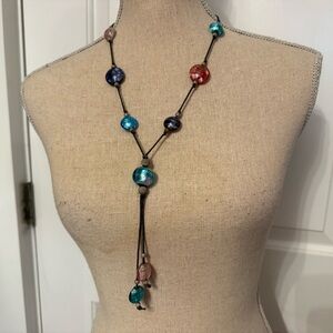 ANTICA MURRINA NECKLACE VENEZIA MURANO GLASS BEADS BLUE PINK GRAY CORD 925 CLASP